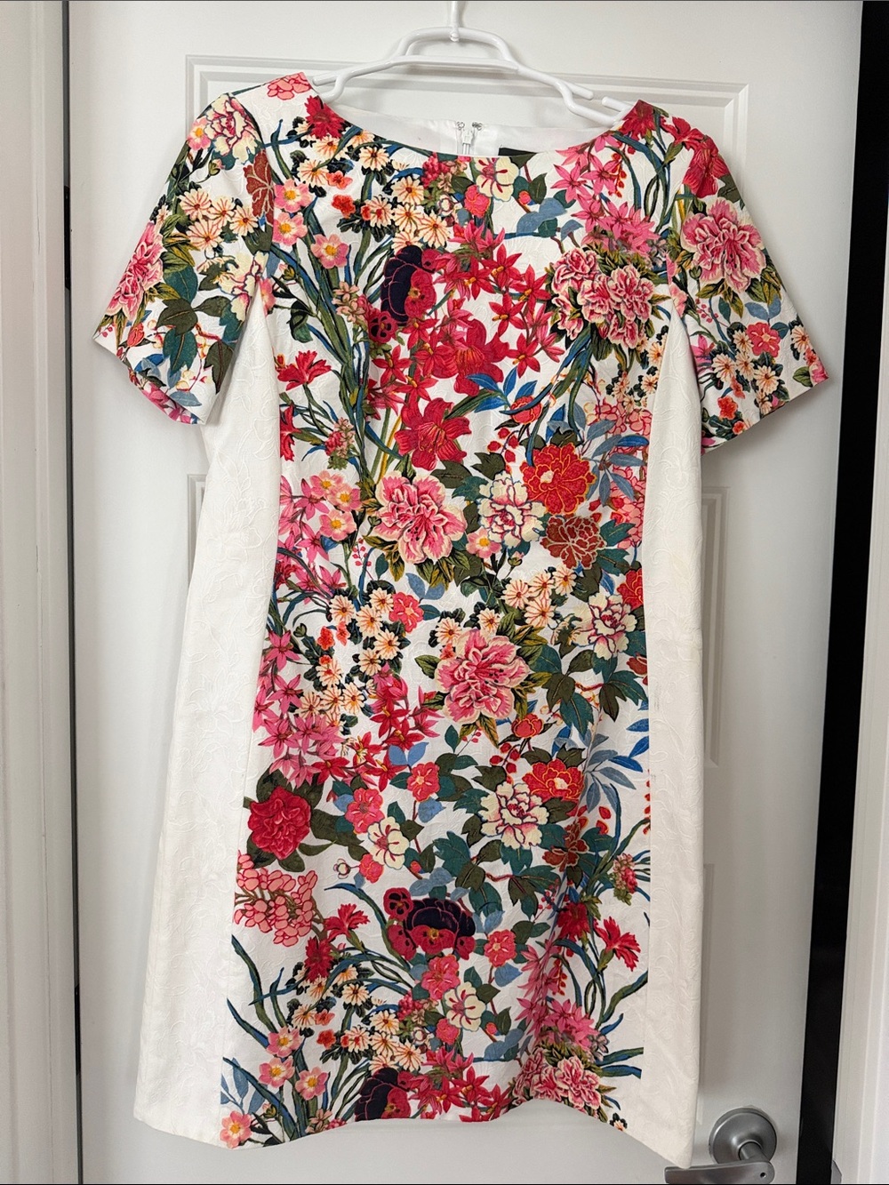 Adrianna Papell White Sheath Dress with Pink and Red Floral Panels